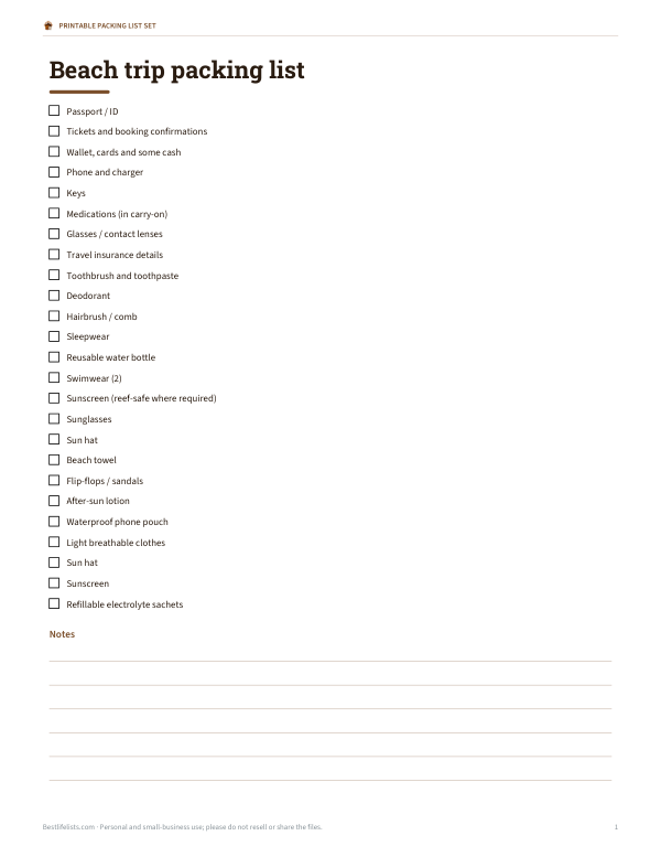 Preview of Printable Beach Packing List