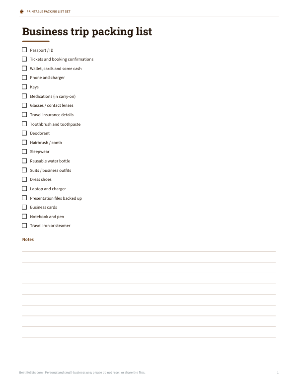 Preview of Printable Business Trip Packing List