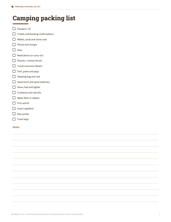 Preview of Printable Camping Packing List