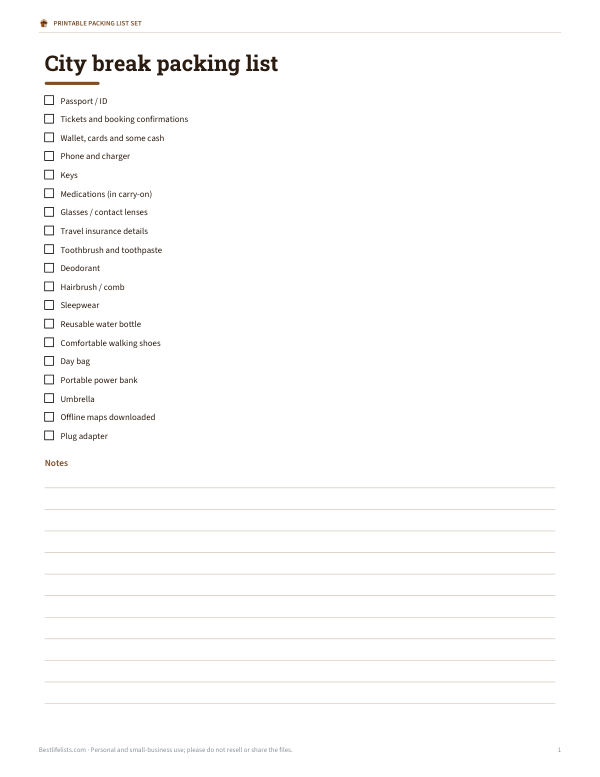Preview of City Break Packing List