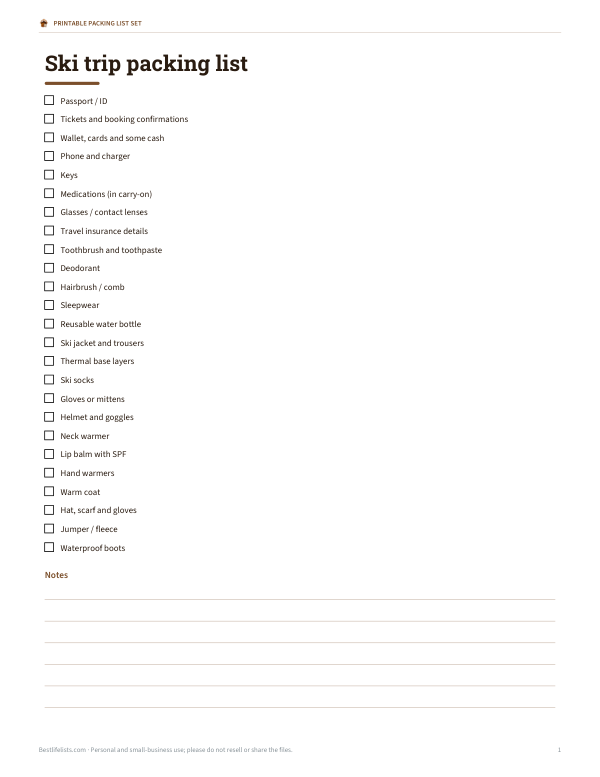 Preview of Printable Ski Trip Packing List